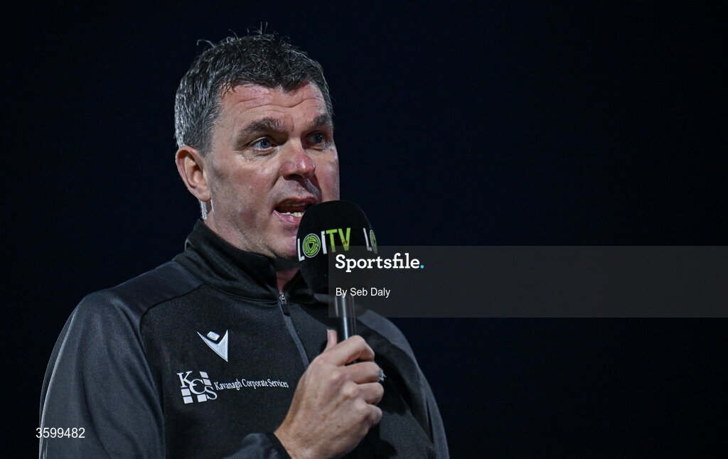 23 October 2026; Drogheda United manager Kevin Doherty is interviewed before the SSE Airtricity Men's Premier Division match between Waterford and Drogheda United at RSC in Waterford. Photo by Seb Daly/Sportsfile