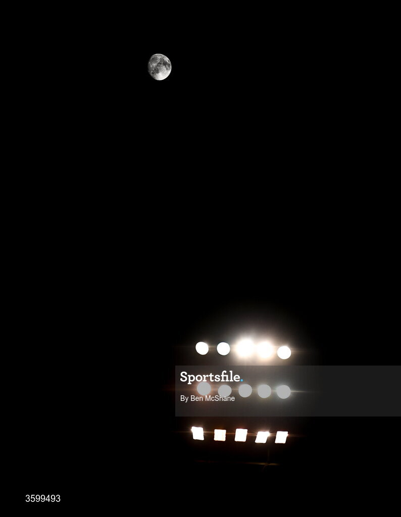 23 October 2026; The moon is seen beyond a floodlight in Dalymount Park before the SSE Airtricity Men's Premier Division match between Bohemians and Shelbourne at Dalymount Park in Dublin. Photo by Ben McShane/Sportsfile