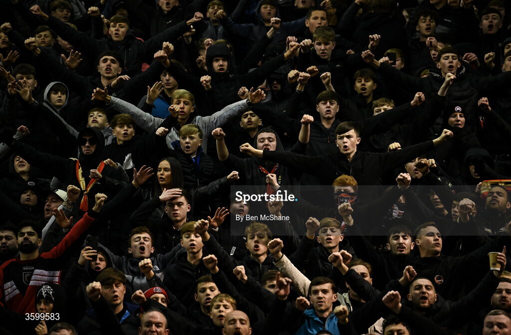 23 October 2026; Bohemians supporters before the SSE Airtricity Men's Premier Division match between Bohemians and Shelbourne at Dalymount Park in Dublin. Photo by Ben McShane/Sportsfile