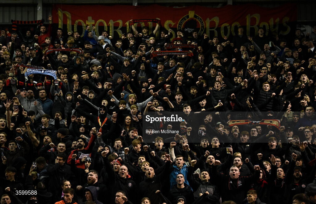 23 October 2026; Bohemians supporters before the SSE Airtricity Men's Premier Division match between Bohemians and Shelbourne at Dalymount Park in Dublin. Photo by Ben McShane/Sportsfile