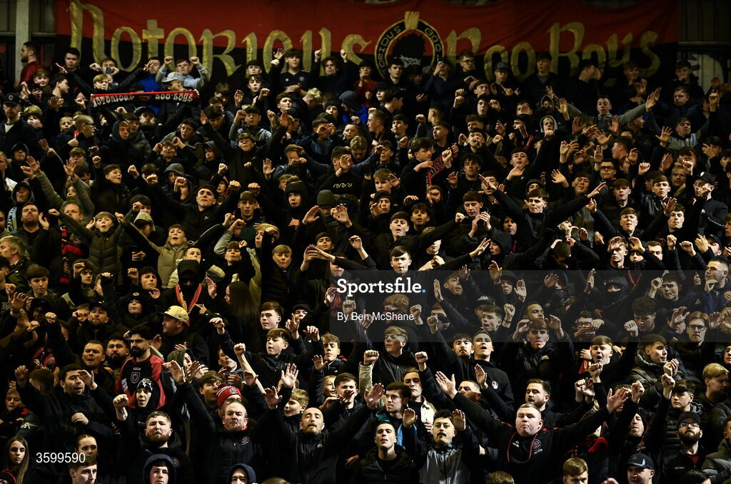 23 October 2026; Bohemians supporters before the SSE Airtricity Men's Premier Division match between Bohemians and Shelbourne at Dalymount Park in Dublin. Photo by Ben McShane/Sportsfile