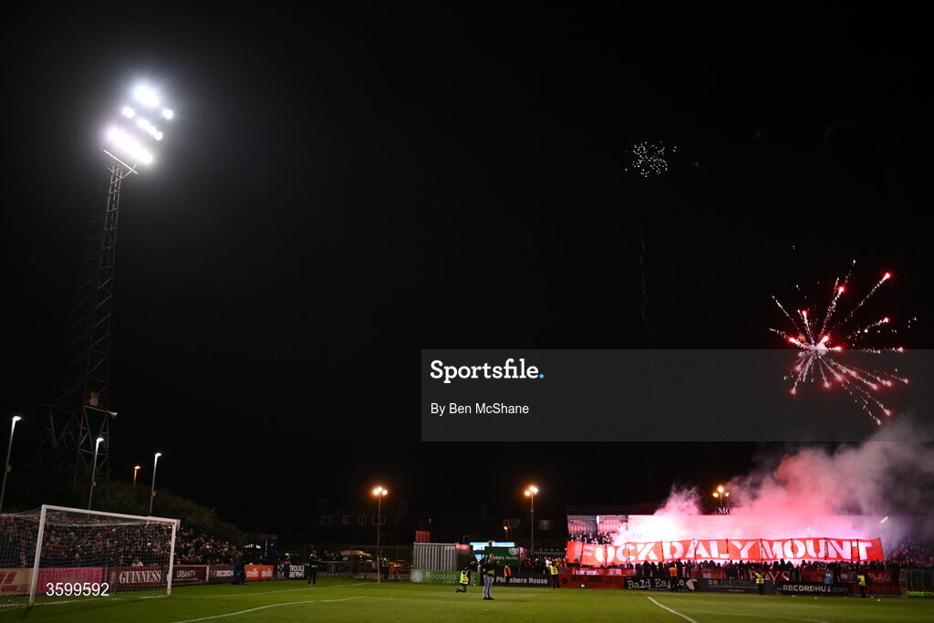 23 October 2026; (EDITOR'S NOTE; Image contains profanity) Shelbourne supporters before the SSE Airtricity Men's Premier Division match between Bohemians and Shelbourne at Dalymount Park in Dublin. Photo by Ben McShane/Sportsfile