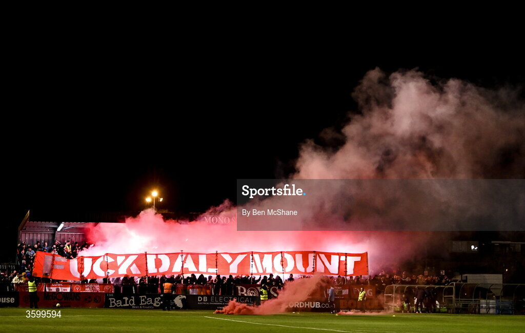 23 October 2026; (EDITOR'S NOTE; Image contains profanity) Shelbourne supporters before the SSE Airtricity Men's Premier Division match between Bohemians and Shelbourne at Dalymount Park in Dublin. Photo by Ben McShane/Sportsfile