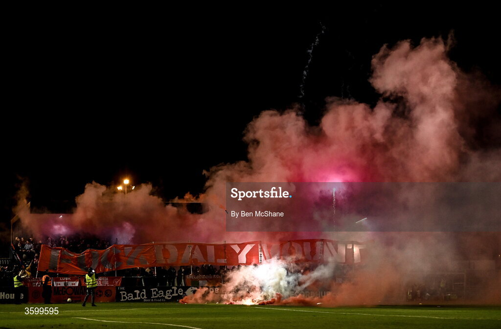 23 October 2026; (EDITOR'S NOTE; Image contains profanity) Shelbourne supporters before the SSE Airtricity Men's Premier Division match between Bohemians and Shelbourne at Dalymount Park in Dublin. Photo by Ben McShane/Sportsfile