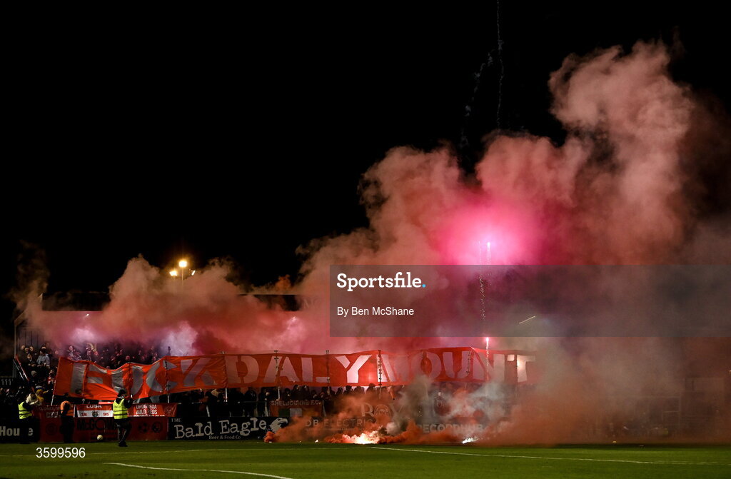 23 October 2026; (EDITOR'S NOTE; Image contains profanity) Shelbourne supporters before the SSE Airtricity Men's Premier Division match between Bohemians and Shelbourne at Dalymount Park in Dublin. Photo by Ben McShane/Sportsfile