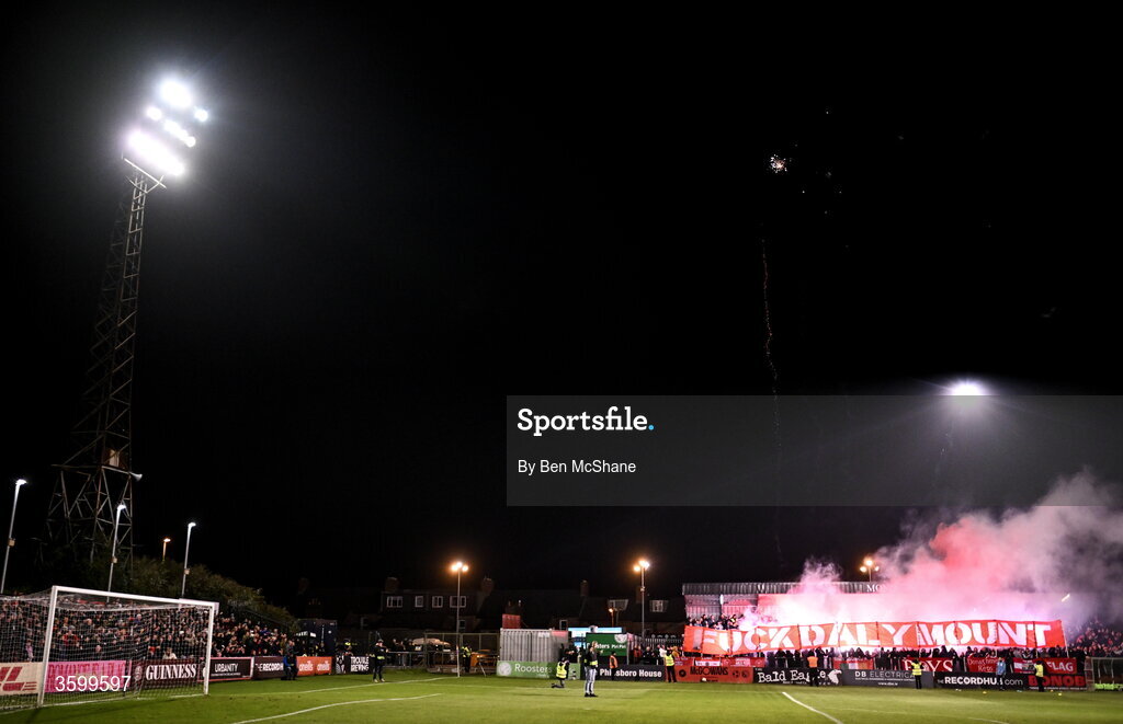 23 October 2026; (EDITOR'S NOTE; Image contains profanity) Shelbourne supporters before the SSE Airtricity Men's Premier Division match between Bohemians and Shelbourne at Dalymount Park in Dublin. Photo by Ben McShane/Sportsfile