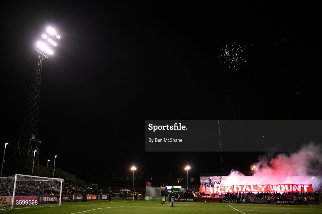 23 October 2026; (EDITOR'S NOTE; Image contains profanity) Shelbourne supporters before the SSE Airtricity Men's Premier Division match between Bohemians and Shelbourne at Dalymount Park in Dublin. Photo by Ben McShane/Sportsfile