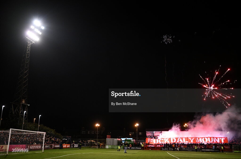 23 October 2026; (EDITOR'S NOTE; Image contains profanity) Shelbourne supporters before the SSE Airtricity Men's Premier Division match between Bohemians and Shelbourne at Dalymount Park in Dublin. Photo by Ben McShane/Sportsfile