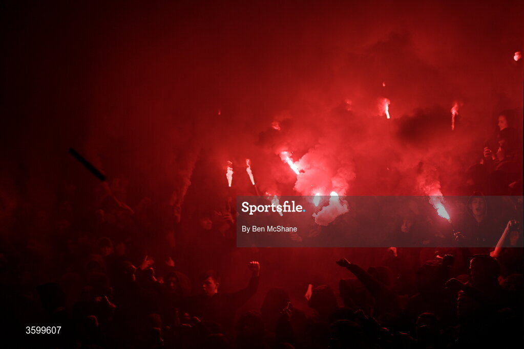 23 October 2026; Bohemians supporters before the SSE Airtricity Men's Premier Division match between Bohemians and Shelbourne at Dalymount Park in Dublin. Photo by Ben McShane/Sportsfile