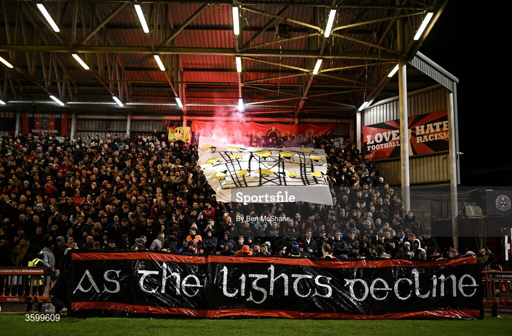 23 October 2026; Bohemians supporters before the SSE Airtricity Men's Premier Division match between Bohemians and Shelbourne at Dalymount Park in Dublin. Photo by Ben McShane/Sportsfile