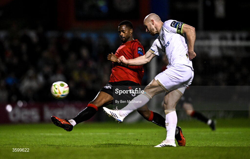23 October 2026; Sadou Diallo of Bohemians in action against Kerr McInroy of Shelbourne during the SSE Airtricity Men's Premier Division match between Bohemians and Shelbourne at Dalymount Park in Dublin. Photo by Ben McShane/Sportsfile