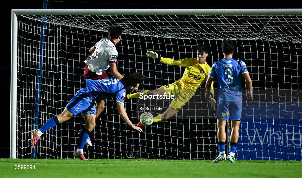23 October 2026; Leo Burney of Drogheda United scores his side's first goal during the SSE Airtricity Men's Premier Division match between Waterford and Drogheda United at RSC in Waterford. Photo by Seb Daly/Sportsfile