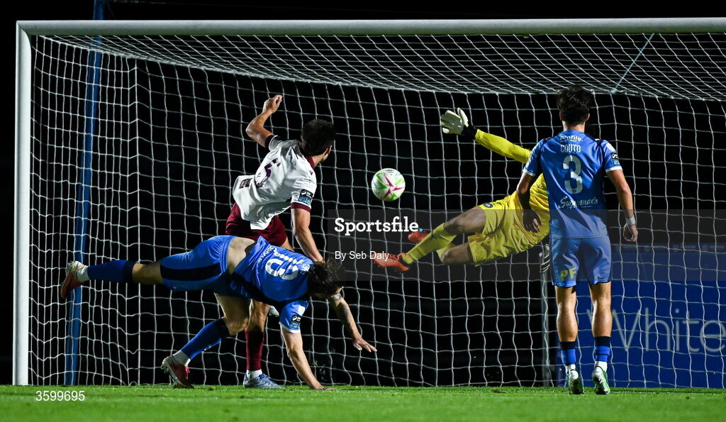 23 October 2026; Leo Burney of Drogheda United scores his side's first goal during the SSE Airtricity Men's Premier Division match between Waterford and Drogheda United at RSC in Waterford. Photo by Seb Daly/Sportsfile