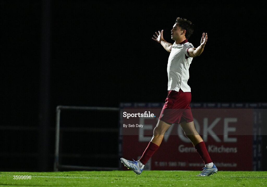 23 October 2026; Leo Burney of Drogheda United celebrates after scoring his side's first goal during the SSE Airtricity Men's Premier Division match between Waterford and Drogheda United at RSC in Waterford. Photo by Seb Daly/Sportsfile