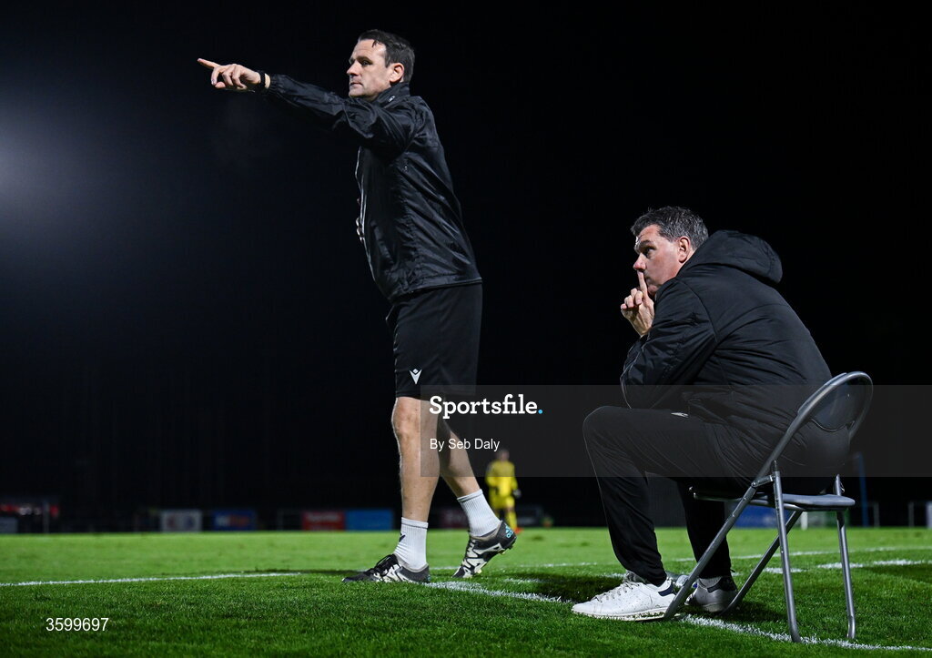 23 October 2026; Drogheda United manager Kevin Doherty, right, and assistant manager Daire Doyle during the SSE Airtricity Men's Premier Division match between Waterford and Drogheda United at RSC in Waterford. Photo by Seb Daly/Sportsfile