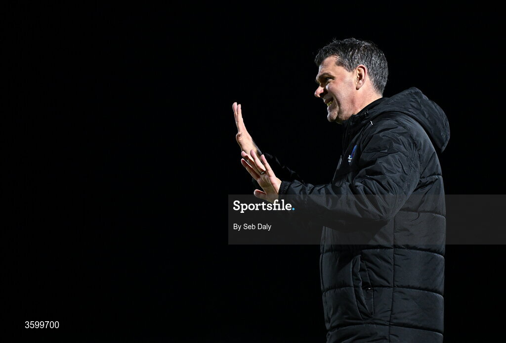 23 October 2026; Drogheda United manager Kevin Doherty reacts during the SSE Airtricity Men's Premier Division match between Waterford and Drogheda United at RSC in Waterford. Photo by Seb Daly/Sportsfile
