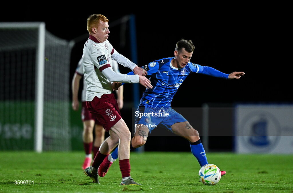 23 October 2026; Evan McLaughlin of Waterford in action against Shane Farrell of Drogheda United during the SSE Airtricity Men's Premier Division match between Waterford and Drogheda United at RSC in Waterford. Photo by Seb Daly/Sportsfile