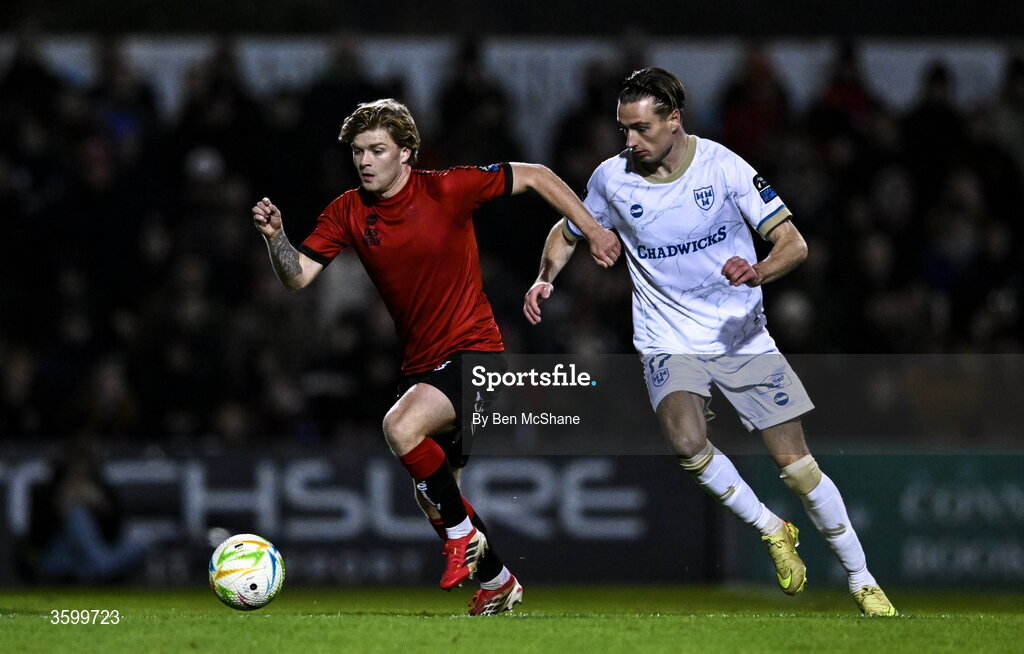 23 October 2026; Harry Vaughan of Bohemians in action against Daniel Kelly of Shelbourne during the SSE Airtricity Men's Premier Division match between Bohemians and Shelbourne at Dalymount Park in Dublin. Photo by Ben McShane/Sportsfile