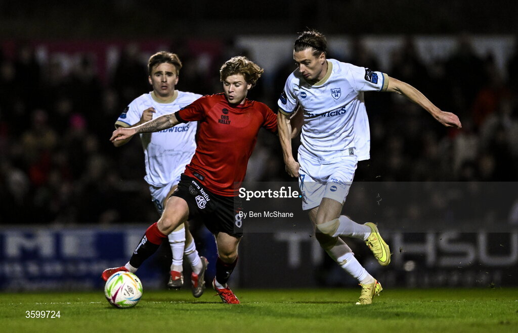 23 October 2026; Harry Vaughan of Bohemians in action against Daniel Kelly of Shelbourne during the SSE Airtricity Men's Premier Division match between Bohemians and Shelbourne at Dalymount Park in Dublin. Photo by Ben McShane/Sportsfile