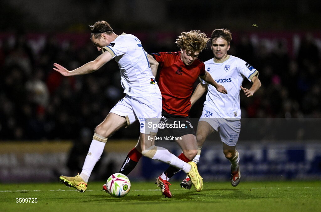 23 October 2026; Harry Vaughan of Bohemians in action against Daniel Kelly of Shelbourne during the SSE Airtricity Men's Premier Division match between Bohemians and Shelbourne at Dalymount Park in Dublin. Photo by Ben McShane/Sportsfile