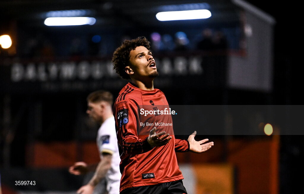 23 October 2026; Zane Myers of Bohemians reacts during the SSE Airtricity Men's Premier Division match between Bohemians and Shelbourne at Dalymount Park in Dublin. Photo by Ben McShane/Sportsfile
