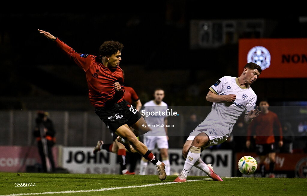 23 October 2026; Zane Myers of Bohemians has a shot on goal despite the tackle of Kameron Ledwidge of Shelbourne during the SSE Airtricity Men's Premier Division match between Bohemians and Shelbourne at Dalymount Park in Dublin. Photo by Ben McShane/Sportsfile