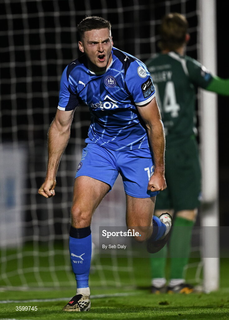 23 October 2026; Hayden Cann of Waterford celebrates after scoring his side's first goal during the SSE Airtricity Men's Premier Division match between Waterford and Drogheda United at RSC in Waterford. Photo by Seb Daly/Sportsfile