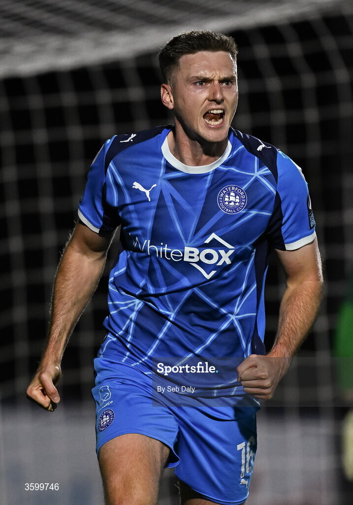 23 October 2026; Hayden Cann of Waterford celebrates after scoring his side's first goal during the SSE Airtricity Men's Premier Division match between Waterford and Drogheda United at RSC in Waterford. Photo by Seb Daly/Sportsfile