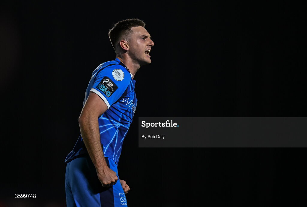 23 October 2026; Hayden Cann of Waterford celebrates after scoring his side's first goal during the SSE Airtricity Men's Premier Division match between Waterford and Drogheda United at RSC in Waterford. Photo by Seb Daly/Sportsfile
