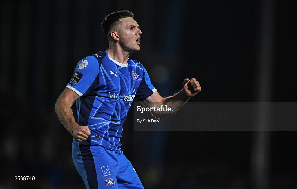 23 October 2026; Hayden Cann of Waterford celebrates after scoring his side's first goal during the SSE Airtricity Men's Premier Division match between Waterford and Drogheda United at RSC in Waterford. Photo by Seb Daly/Sportsfile