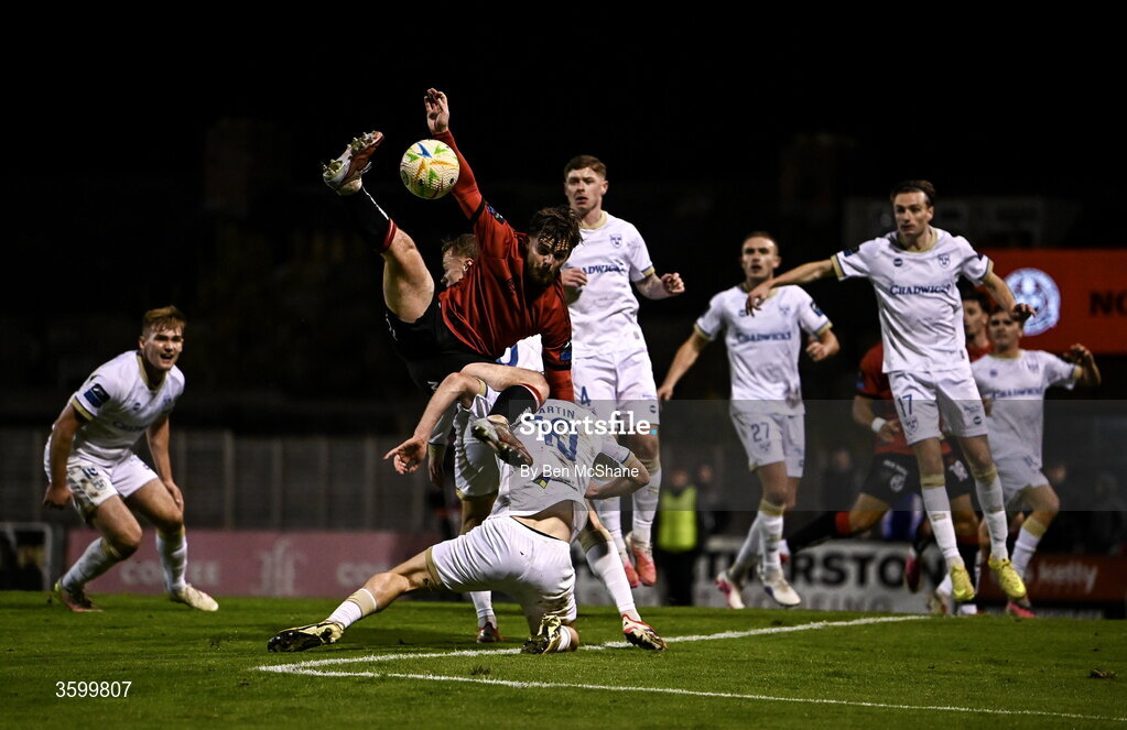 23 October 2026; Ryan Burke of Bohemians and John Martin of Shelbourne collide during the SSE Airtricity Men's Premier Division match between Bohemians and Shelbourne at Dalymount Park in Dublin. Photo by Ben McShane/Sportsfile