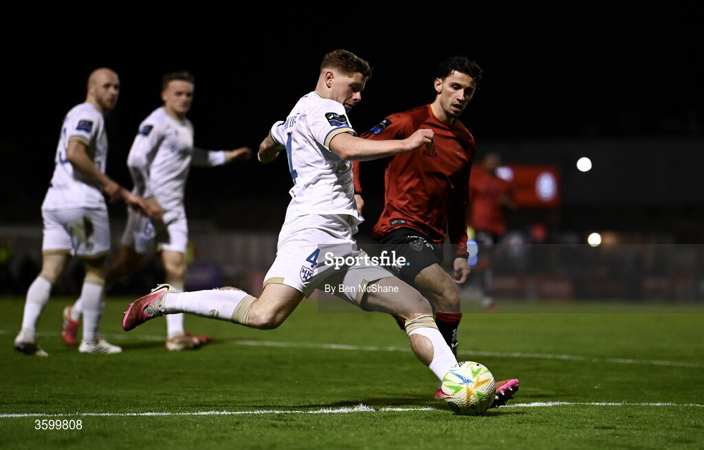 23 October 2026; Kameron Ledwidge of Shelbourne in action against Connor Parsons of Bohemians during the SSE Airtricity Men's Premier Division match between Bohemians and Shelbourne at Dalymount Park in Dublin. Photo by Ben McShane/Sportsfile