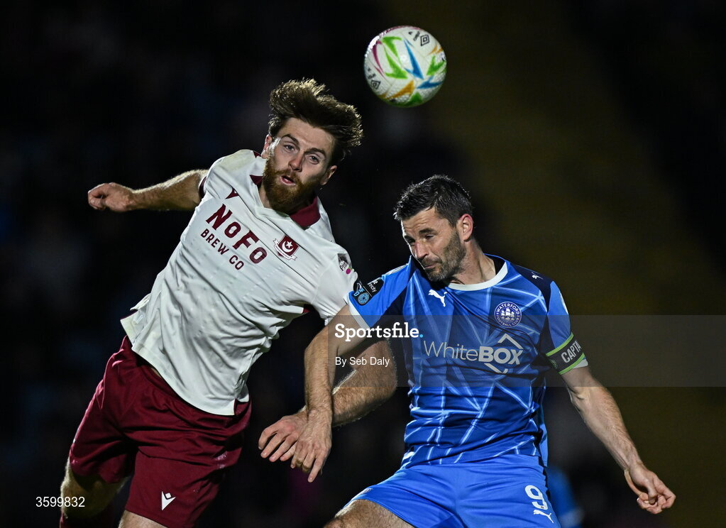 23 October 2026; Conor Keeley of Drogheda United in action against Pádraig Amond of Waterford during the SSE Airtricity Men's Premier Division match between Waterford and Drogheda United at RSC in Waterford. Photo by Seb Daly/Sportsfile