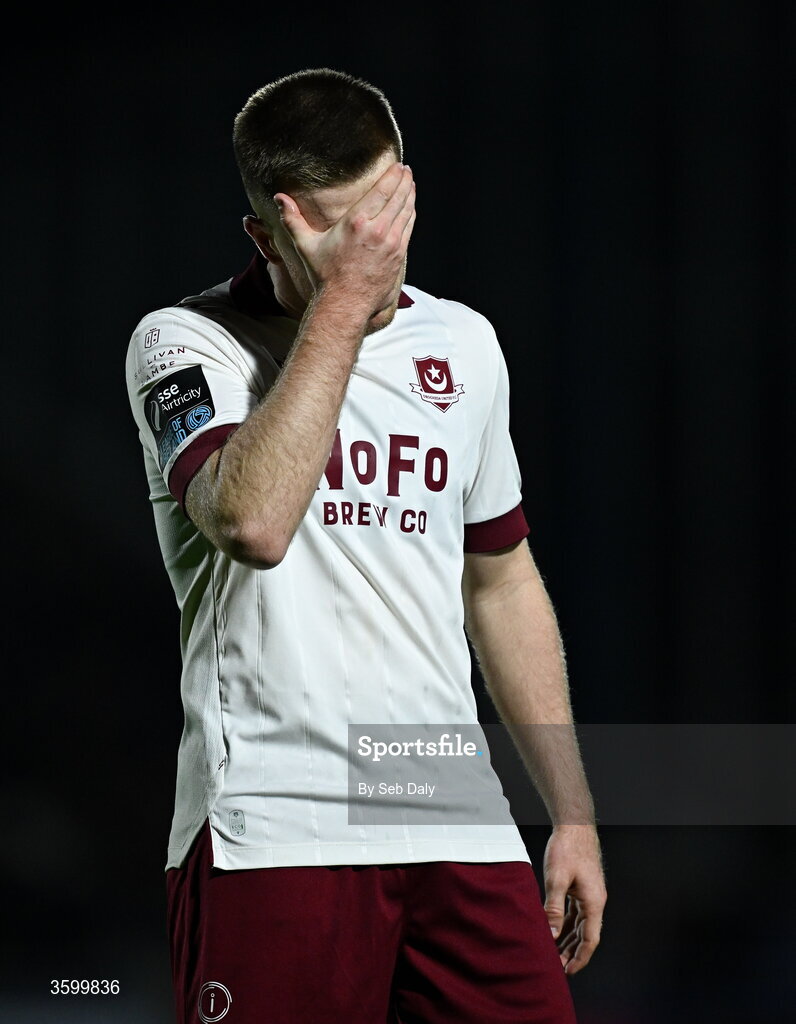 23 October 2026; Warren Davis of Drogheda United reacts during the SSE Airtricity Men's Premier Division match between Waterford and Drogheda United at RSC in Waterford. Photo by Seb Daly/Sportsfile