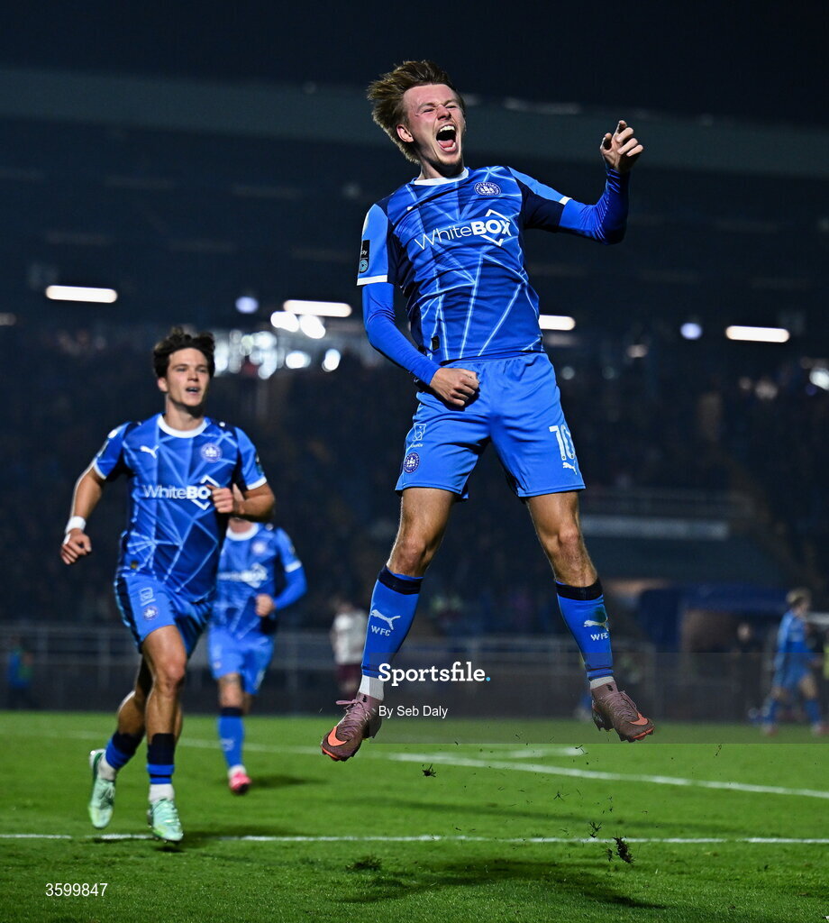 23 October 2026; Conan Noonan of Waterford celebrates after scoring his side's second goal during the SSE Airtricity Men's Premier Division match between Waterford and Drogheda United at RSC in Waterford. Photo by Seb Daly/Sportsfile