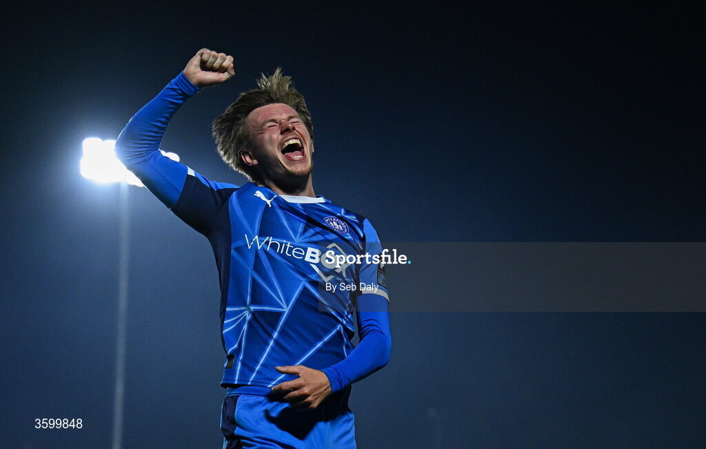 23 October 2026; Conan Noonan of Waterford celebrates after scoring his side's second goal during the SSE Airtricity Men's Premier Division match between Waterford and Drogheda United at RSC in Waterford. Photo by Seb Daly/Sportsfile