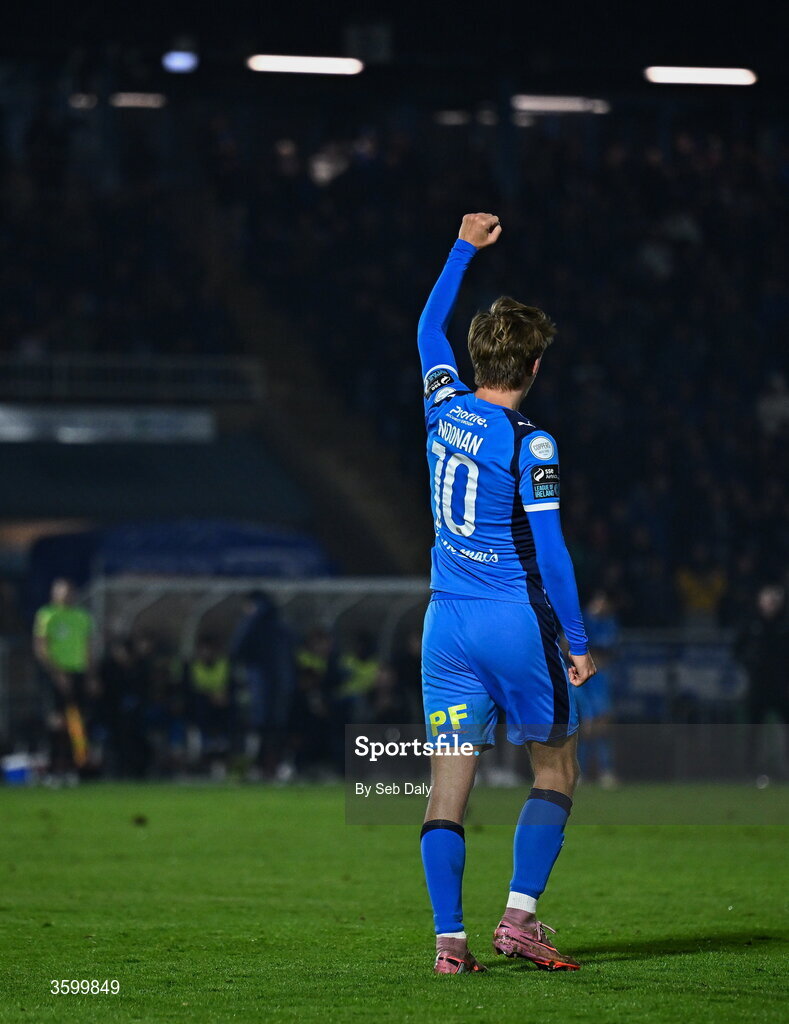 23 October 2026; Conan Noonan of Waterford celebrates after scoring his side's second goal during the SSE Airtricity Men's Premier Division match between Waterford and Drogheda United at RSC in Waterford. Photo by Seb Daly/Sportsfile