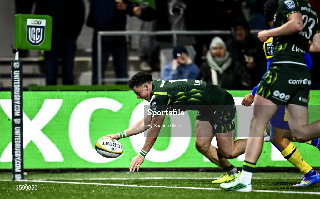 23 October 2026; Harry West of Connacht scores his side's seventh try during the United Rugby Championship match between Connacht and Zebre Parma at Dexcom Stadium in Galway. Photo by Shauna Clinton/Sportsfile