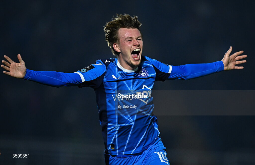 23 October 2026; Conan Noonan of Waterford celebrates after scoring his side's second goal during the SSE Airtricity Men's Premier Division match between Waterford and Drogheda United at RSC in Waterford. Photo by Seb Daly/Sportsfile