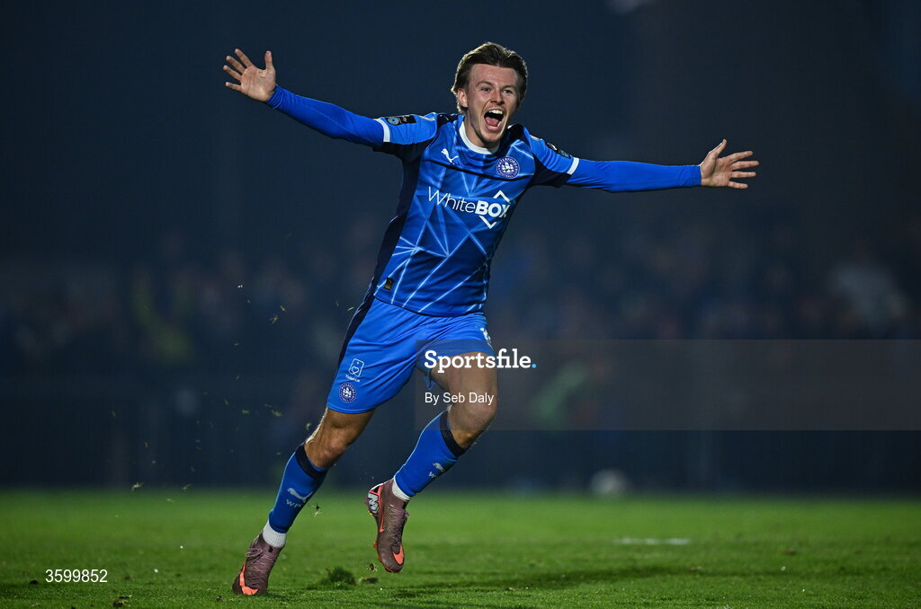 23 October 2026; Conan Noonan of Waterford celebrates after scoring his side's second goal during the SSE Airtricity Men's Premier Division match between Waterford and Drogheda United at RSC in Waterford. Photo by Seb Daly/Sportsfile