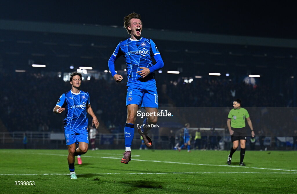 23 October 2026; Conan Noonan of Waterford celebrates after scoring his side's second goal during the SSE Airtricity Men's Premier Division match between Waterford and Drogheda United at RSC in Waterford. Photo by Seb Daly/Sportsfile