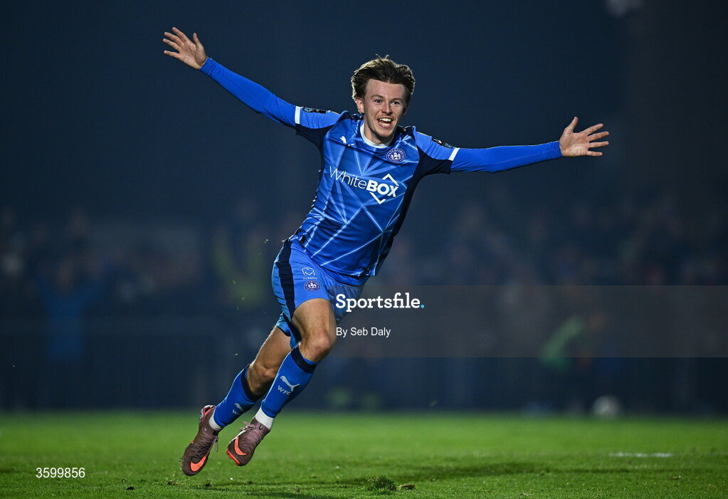 23 October 2026; Conan Noonan of Waterford celebrates after scoring his side's second goal during the SSE Airtricity Men's Premier Division match between Waterford and Drogheda United at RSC in Waterford. Photo by Seb Daly/Sportsfile