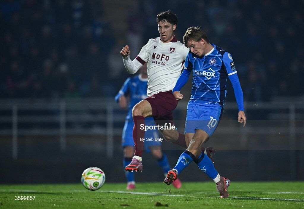 23 October 2026; Conan Noonan of Waterford scores his side's second goal during the SSE Airtricity Men's Premier Division match between Waterford and Drogheda United at RSC in Waterford. Photo by Seb Daly/Sportsfile