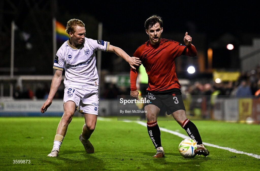 23 October 2026; Ryan Burke of Bohemians in action against Jack Henry-Francis of Shelbourne during the SSE Airtricity Men's Premier Division match between Bohemians and Shelbourne at Dalymount Park in Dublin. Photo by Ben McShane/Sportsfile