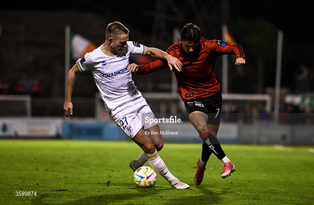 23 October 2026; Connor Parsons of Bohemians in action against Evan Caffrey of Shelbourne during the SSE Airtricity Men's Premier Division match between Bohemians and Shelbourne at Dalymount Park in Dublin. Photo by Ben McShane/Sportsfile
