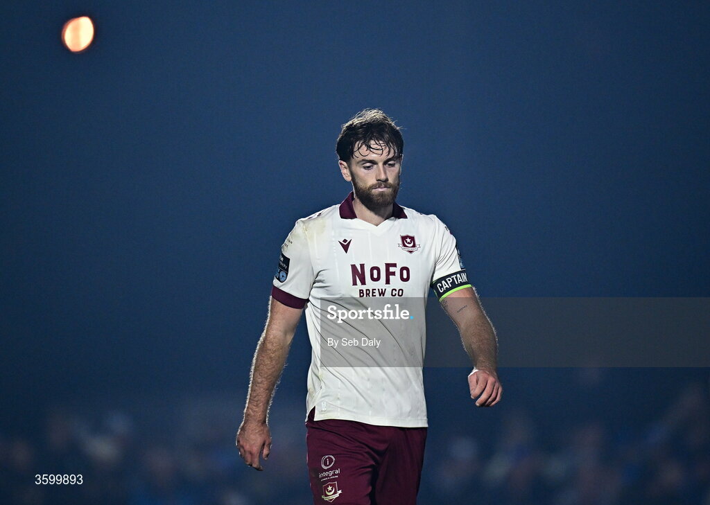 23 October 2026; Conor Keeley of Drogheda United reacts during the SSE Airtricity Men's Premier Division match between Waterford and Drogheda United at RSC in Waterford. Photo by Seb Daly/Sportsfile