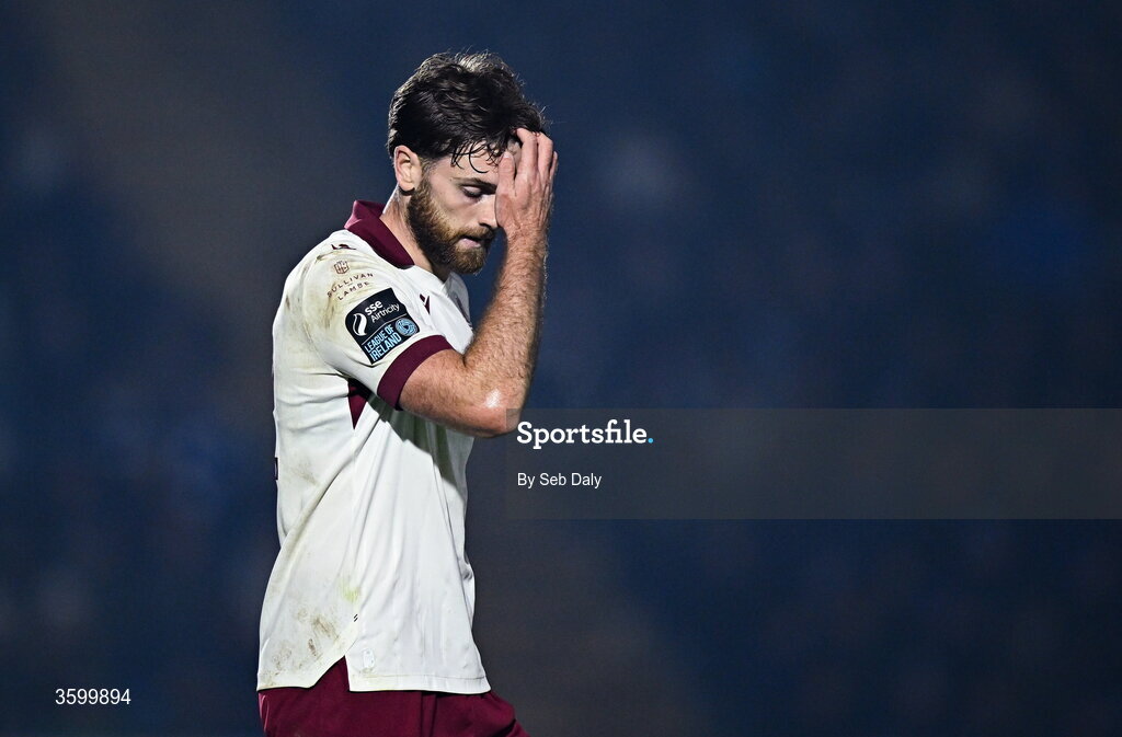 23 October 2026; Conor Keeley of Drogheda United reacts during the SSE Airtricity Men's Premier Division match between Waterford and Drogheda United at RSC in Waterford. Photo by Seb Daly/Sportsfile