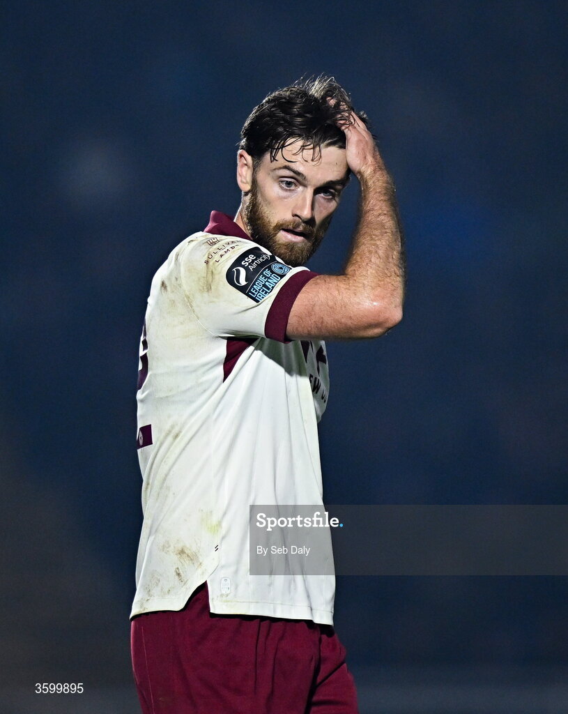 23 October 2026; Conor Keeley of Drogheda United reacts during the SSE Airtricity Men's Premier Division match between Waterford and Drogheda United at RSC in Waterford. Photo by Seb Daly/Sportsfile