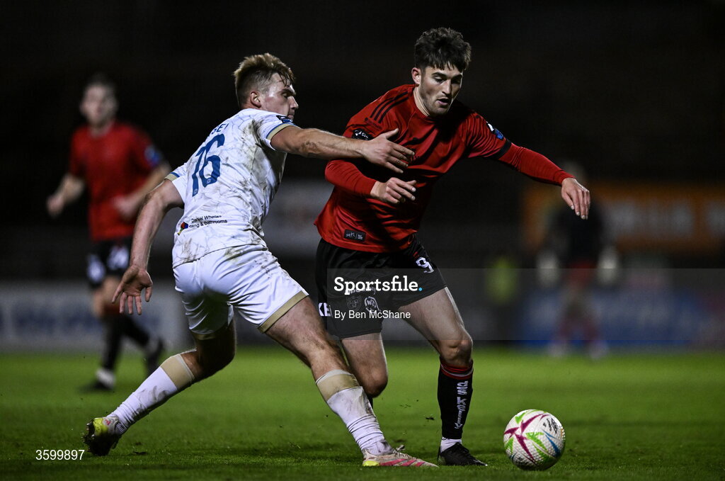 23 October 2026; Colm Whelan of Bohemians in action against Odhrán Casey of Shelbourne during the SSE Airtricity Men's Premier Division match between Bohemians and Shelbourne at Dalymount Park in Dublin. Photo by Ben McShane/Sportsfile