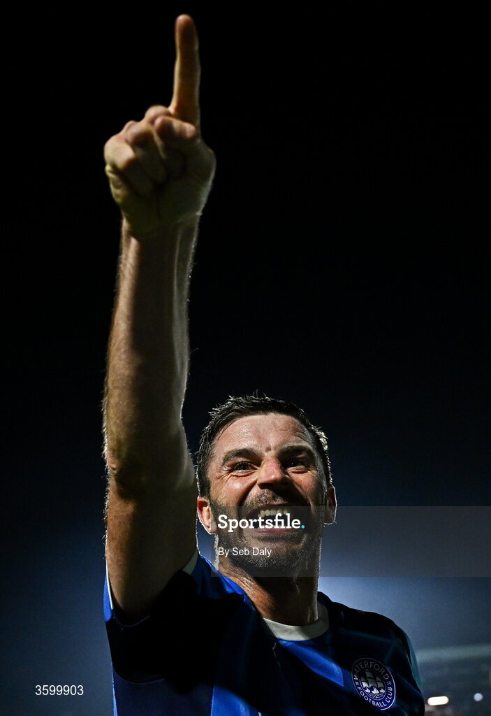23 October 2026; Pádraig Amond of Waterford celebrates after scoring his side's third goal during the SSE Airtricity Men's Premier Division match between Waterford and Drogheda United at RSC in Waterford. Photo by Seb Daly/Sportsfile